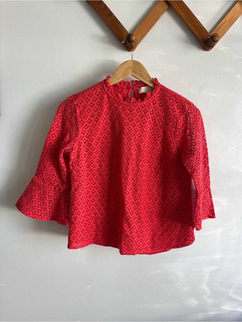 Michael Kors Crochet Lace Top with Ruffled Neck and Bell Sleeves Coral color